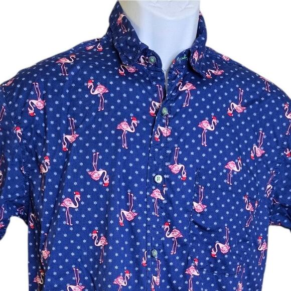 Drill Clothing Co Mens Flamingo Holiday Shirt M Snowflakes Blue Stretch‎ Santa - Picture 2 of 8